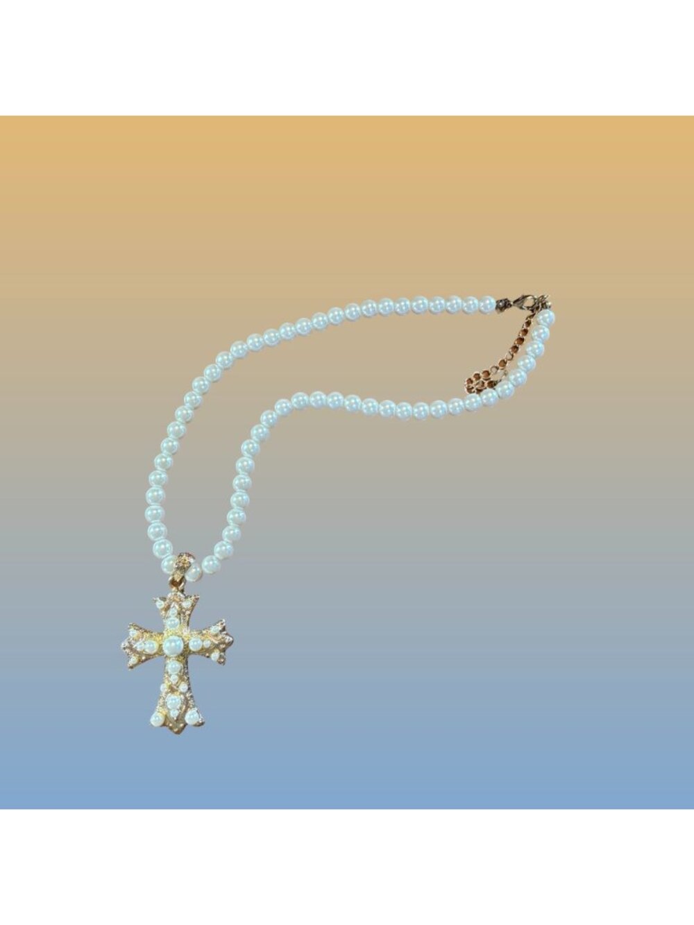 Faux Pearl Gold Tone Rhinestone Cross Necklace Gothic Statement Vintage Style - Picture 6 of 8